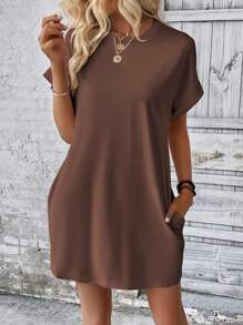Vaclyn Solid Color Round Neck Short Sleeve Dress With Pocket For Summer - Brown - View 5