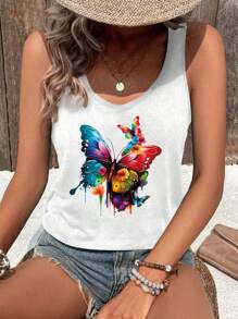 SHEIN LUNE 女士蝴蝶印花V領休閒背心，適用於夏季外出活動 - 白色 - 查看 1