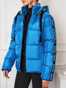 SHEIN Cottnline Letter Tape Panel Zip Up Drawstring Hooded Puffer Coat - Blue - View 5
