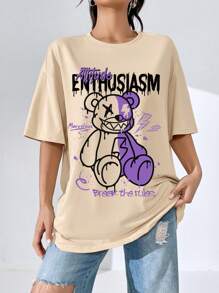 SHEIN EZwear Camiseta oversize para mujer, estilo casual y sencillo de manga corta y cuello redondo con estampado de oso de peluche, adecuada para el verano ENTUSIASMO maravilloso Rompe las reglas - Albaricoque - Ver 3