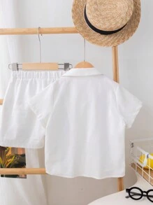 SHEIN Leap Crew Chàng trai trẻ Dễ thương Phù hợp Ngắn tay Áo sơ mi Và Bộ quần short Với Vòng cổ - trắng - Xem 13