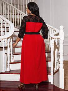 SHEIN Lady Elegante vestido rojo de talla grande con encaje y corte tipo midi con mangas largas para mujeres - Multicolor - Ver 2