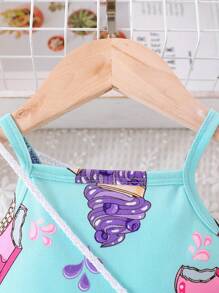 Baby Girl Cute Food Ice Cream Print Sleeveless Dress With Matching Bag For Spring/Summer