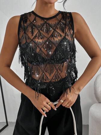 Siren Gaze Top court décontracté pour femme avec perles et transparence en résille pour festival de musique et vacances