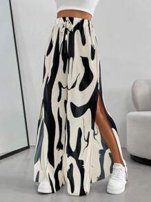 SHEIN Essnce Women Summer Boho Street Fashion Side High Slit Color Block Printed Pleated Wide Leg Baggy Pants