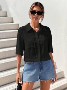 SHEIN Essnce Holiday Leisure Solid Color Short Sleeves Shirt With Double Pockets - Black - View 4