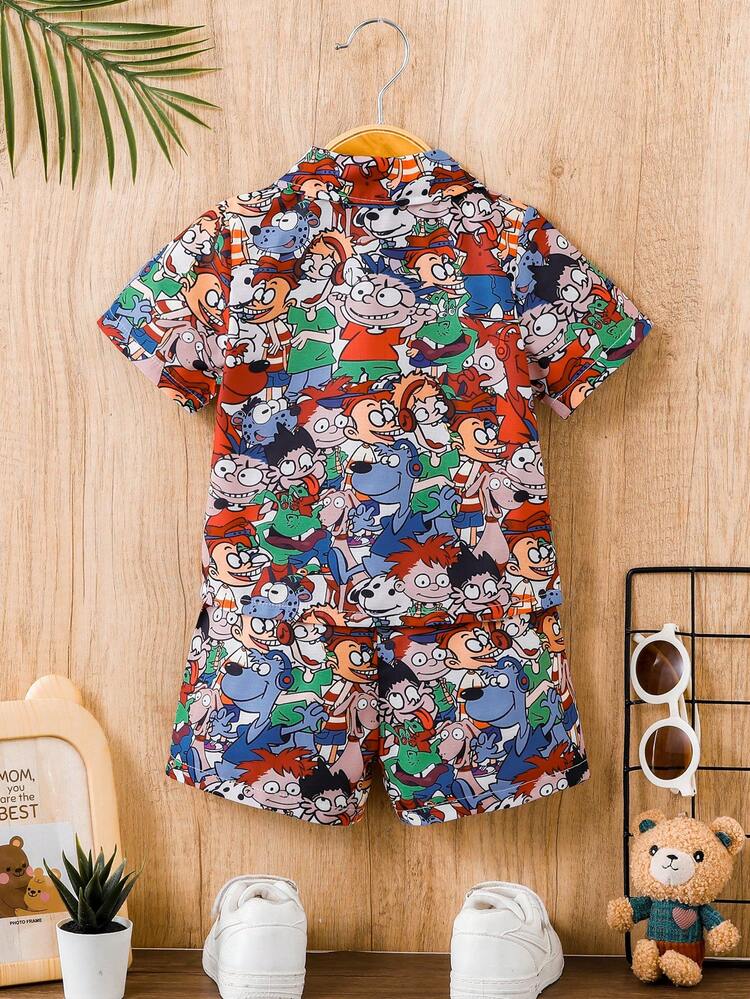 Baby Boy 2pcs Casual Street Style Fashionable Fun Cartoon Character Print Turn-Down Collar Outfits, Suitable For Spring And Summer Outdoors