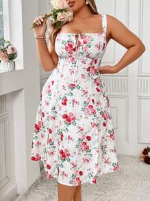 Breezaya Vestido cami plus size con estampado floral y escote fruncido