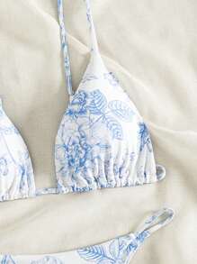 Swim Mod Summer Beach Floral Printed Backless Tie Back Bikini Set - Blue and White - View 5