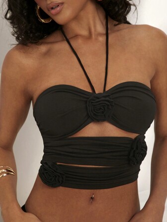 SHEIN VCAY Urlaubssolides gestricktes Crop-Top mit Halfter-Hals und 3D-Blumendekoration für Frauen