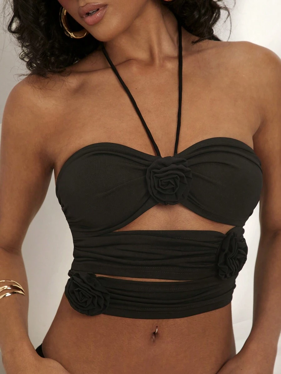 SHEIN VCAY Vacation Solid Knitted Slim Crop Top With Halter Neck And 3D Flower Decoration For Women - Black - View 1