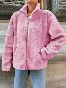SHEIN Cottnline Ladies' Solid Color Zipper Fleece Jacket - Baby Pink - View 3