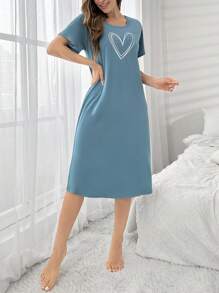 Summer Simple Heart Print Short Sleeve Pajama Night Dress, Moo Moo Sleep Dress - Blue - View 6