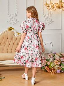 SHEIN Vestido floral holgado y casual con cuello de volantes y mangas abullonadas para niña preadolescente - Rosa - Ver 2