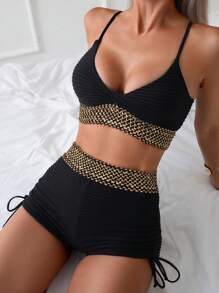 SHEIN Swim Summer Beach Women Vacation Splice Woven Strap Simple And Fashionable Bikini Set With Separable Bikini Set
