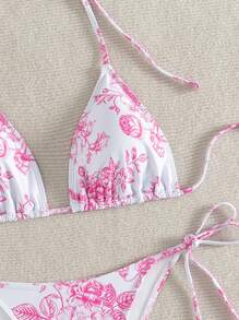 Swim Mod Summer Beach Women Vacation Style Random Print Bikini Set - Pink - View 5