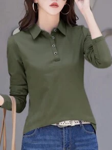 INAWLY Women Solid Color Polo Collar Long Sleeve T-Shirt Fall Cloth For Women - Army Green - View 4