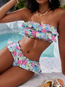 Swim Mod Conjunto de bikini con estampado tropical de plantas para mujer de playa de verano con dobladillo con volantes, sin tirantes, simple pero elegante, perfecto para unas vacaciones