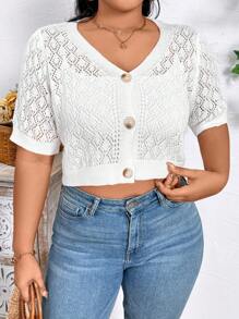 Calvaya Chaqueta casual de talla grande para mujer con manga corta de unicolor de verano con cuello en V y diseño calado en la parte delantera