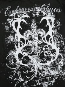 ROMWE Goth Plus Size Vintage Cross Vine Slogan Distressed Print Loose One-Shoulder T-Shirt, School, Summer