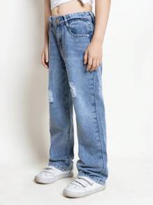 Little Girl's Classic Light Washed Blue Ripped Denim Trousers - Light Wash - View 1