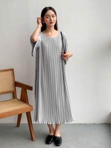 女式春夏纯色褶皱休闲连衣裙太阳裙 - 藍色 - 查看 4