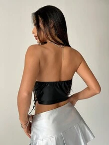 SHEIN Unity Women Summer Solid Color Asymmetrical Hem Strap Side Tie Bandeau Top Slim Fit - Black - View 3