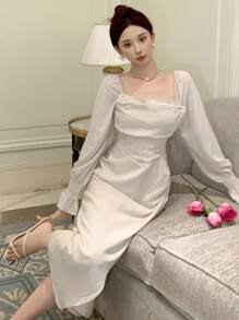 DAZY 方领纯色休闲日常长袖连衣裙，带褶皱细节，秋季连衣裙/长款连衣裙 - 米色 - 查看 2