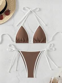 Swim Chiccia Color-Block Halter Neck Back Tie Bikini Set With Contrast Binding Bathing Suit For Summer Beach - Coffee Brown - View 2