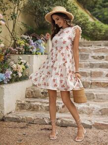 SHEIN VCAY Women Round Neck Floral Print Ruffle Hem Vacation Dress