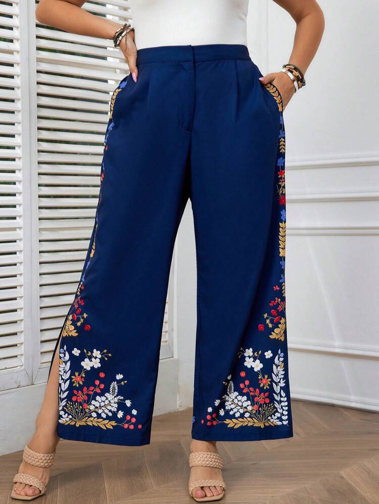 Plus Size Casual Boho Printed Wide Leg Pants With Side Slit