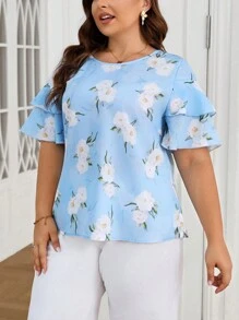 SHEIN Privé Áo sơ mi nữ cỡ lớn tay áo in hình lá sen thanh lịch - Nhiều màu - Xem 6