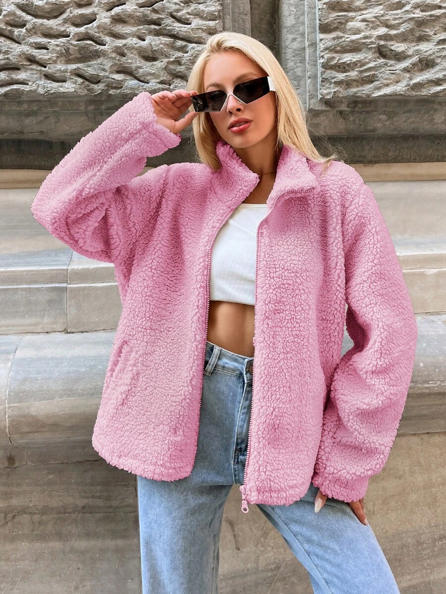 SHEIN Cottnline Ladies' Solid Color Zipper Fleece Jacket - Baby Pink - View 1