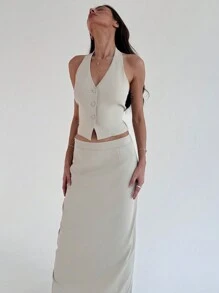 Aloruh Spring/Summer Casual Solid Color Ribbon Backless Halter Vest Suit With Ultra-Long Skirt For Work/Commute (2pcs) - Apricot - View 1