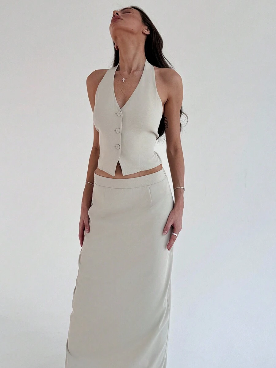 Aloruh Spring/Summer Casual Solid Color Ribbon Backless Halter Vest Suit With Ultra-Long Skirt For Work/Commute (2pcs) - Apricot - View 1