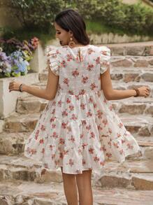 SHEIN VCAY Women Round Neck Floral Print Ruffle Hem Vacation Dress