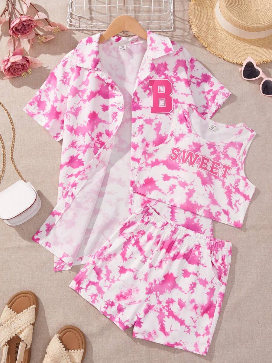 SHEIN 適合十二歲女孩的夏季涼爽印染短袖上衣短褲3件套 - 粉色 - 查看 1