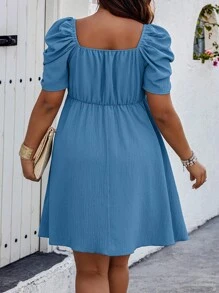 Celure 大碼女性時尚純色泡泡袖連蝴蝶結裝飾連衣裙 - 水鴨藍 - 查看 2