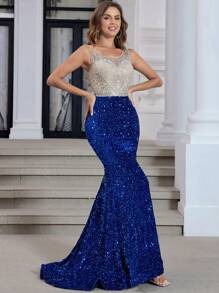 Contrast Sequin Mermaid Hem Formal Dress - Royal Blue - View 7