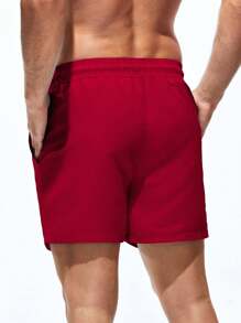 Manfinity KASUA Men Solid Color Drawstring Beach Shorts For Vacation Outfits - Red - View 3