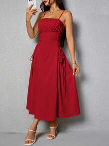 SHEIN PETITE Ladies Summer Solid Color Waist Tie Pleated Long Simple Elegant Spaghetti Strap Dress