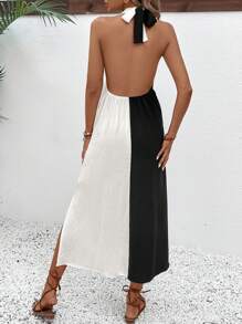 SHEIN Clasi Ladies Fashionable Summer Color Block Halterneck Dress - Black and White - View 2