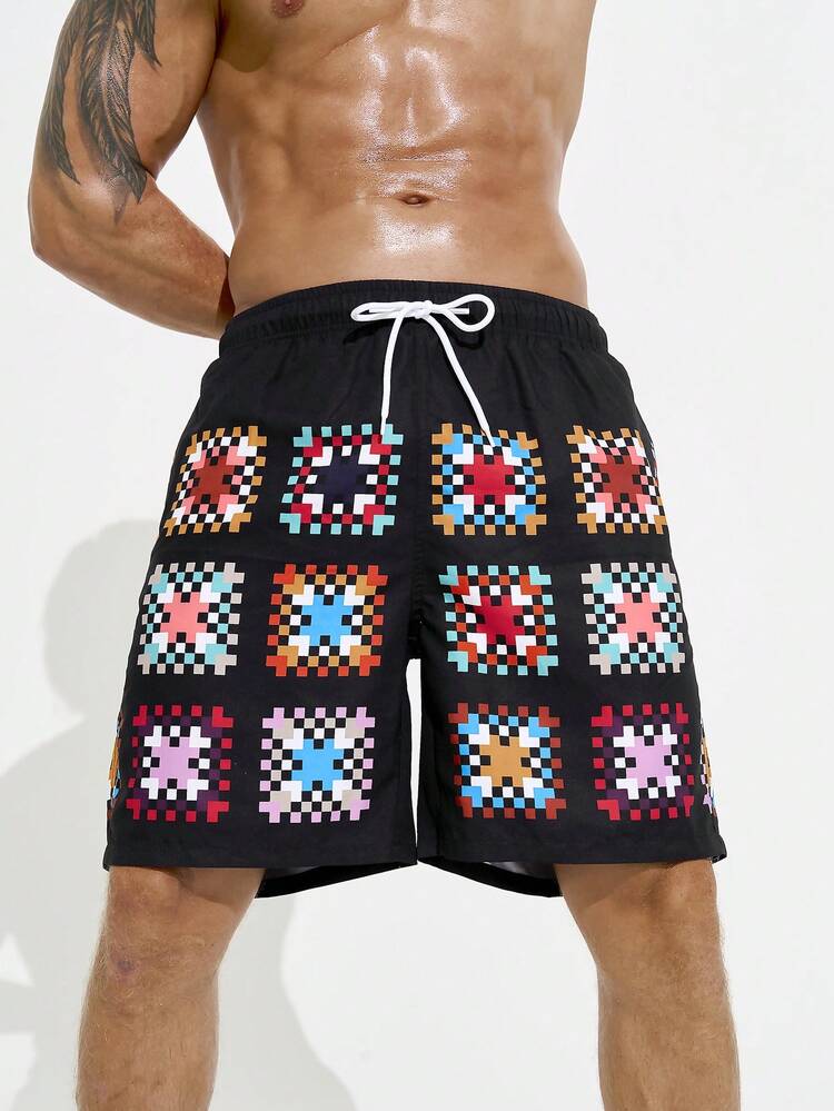 Men Fashionable Loose Fit Mosaic Printed Colorful Beach Shorts