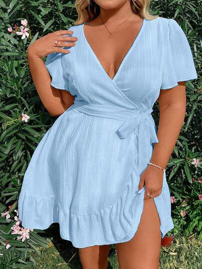 Flirla Plus Size Women Fashionable V-Neck Short Sleeve Dress Vacation Beach Outfit