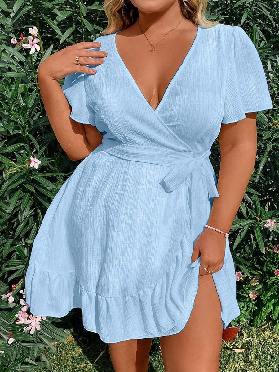 Sunnyshic Đầm thời trang tay ngắn cổ chữ V cỡ lớn cho nữ đi nghỉ mát trên bãi biển - Màu xanh lam - Xem 1