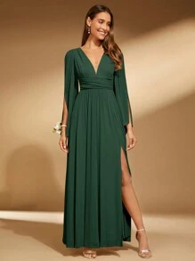 SHEIN Belle Kvinnor Fashionabla V-ringad lång delad brudtärna Elegant långärmad klänning - Mörk Grön - Visa 6