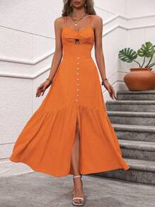 Breezaya Solid Color Spaghetti Strap Knot Design Slit Dress Maxi Vacation Beach Outfits Women - Burnt Orange - View 7