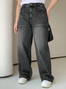 Dazy Petite Plus 大尺碼女裝時尚寬鬆牛仔寬腿褲 - 黑色 - 查看 4