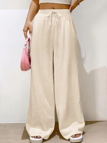 SHEIN EZwear 女士杏色編織寬腿褲 - 杏色 - 查看 5