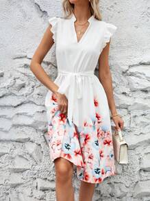 SHEIN Clasi 女士假日休閒花卉印花V領荷葉邊連衣裙，夏季 - 白色 - 查看 4